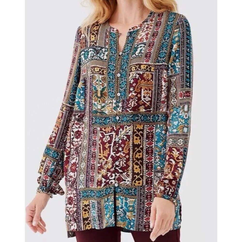J.Jill Paisley Jewel Tone Patchwork Button Up Tunic Top  Medium Artsy Colorful